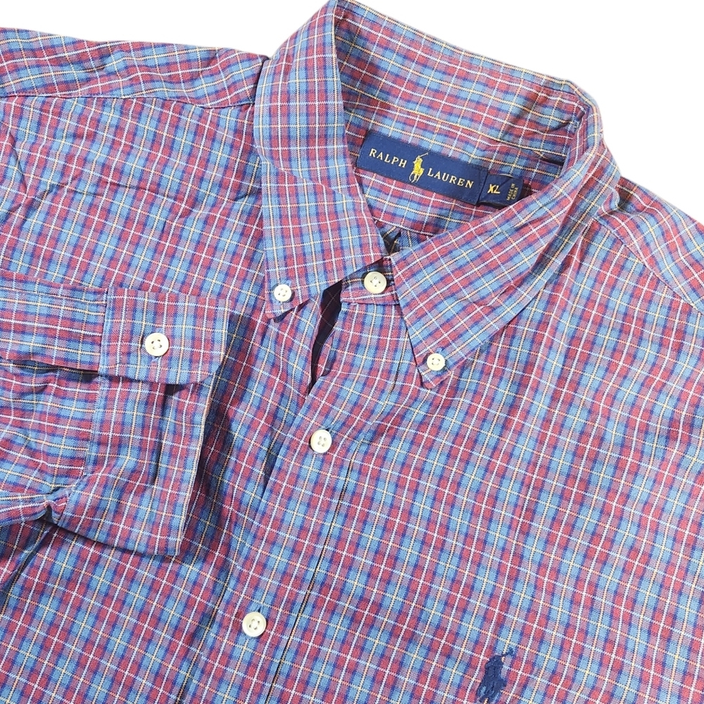 Ralph Lauren Shirt Men's XL Blue Red Plaid Long Sleeve Button Down Pony Classic